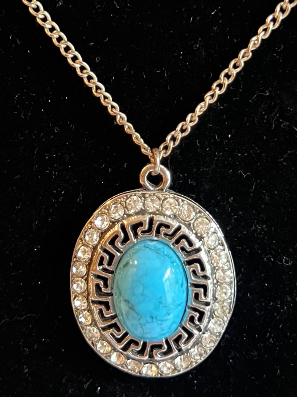 Greek Key Necklace Oval Turquoise Center Stone w 28 Crystals 12" Silver Chain - Picture 6 of 6